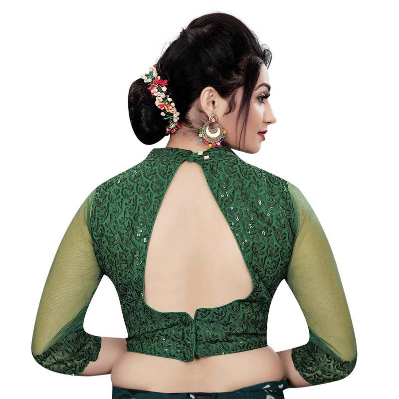 Himalay FashionBand Collar Embriodered Green Color 3/4 Sleeve Blouse For Saree