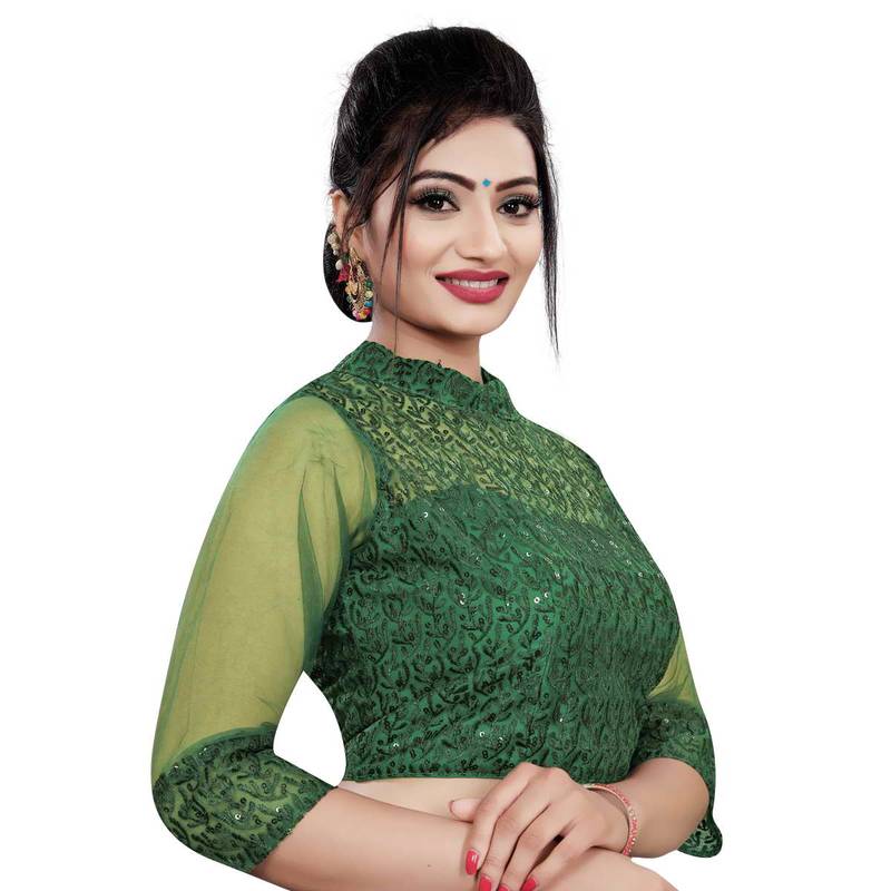 Himalay FashionBand Collar Embriodered Green Color 3/4 Sleeve Blouse For Saree