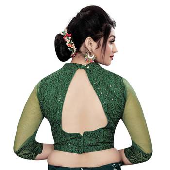 Himalay FashionBand Collar Embriodered Green Color 3/4 Sleeve Blouse For Saree 4