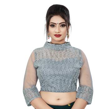 Himalay FashionBand Collar Embriodered Grey Color 3/4 Sleeve Blouse For Saree 1