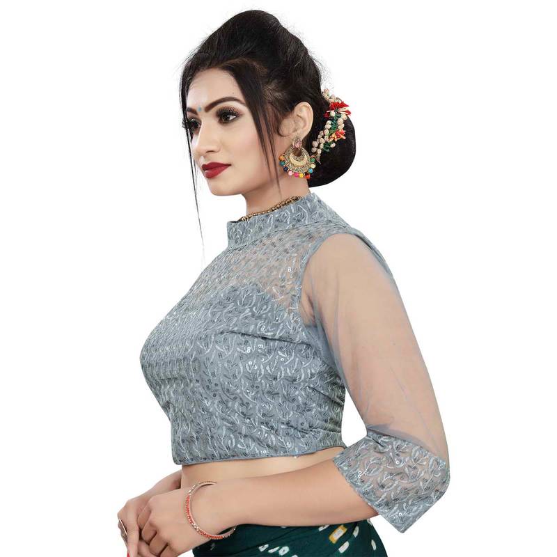 Himalay FashionBand Collar Embriodered Grey Color 3/4 Sleeve Blouse For Saree