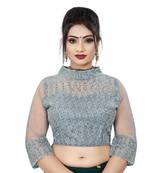 Himalay FashionBand Collar Embriodered Grey Color 3/4 Sleeve Blouse For Saree