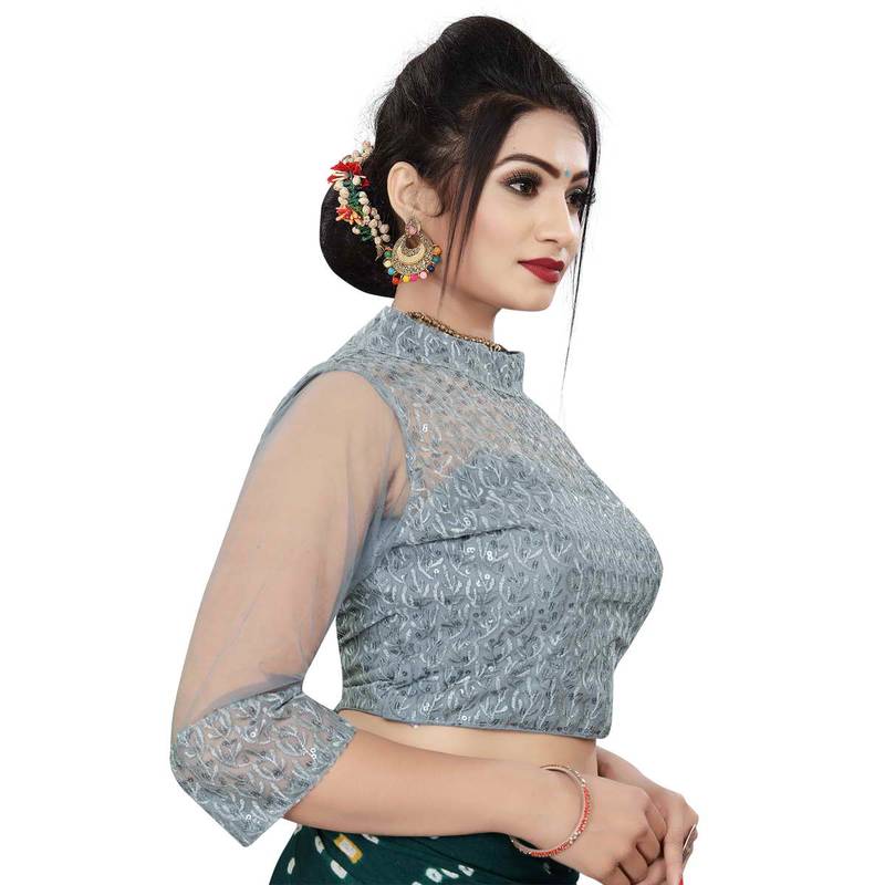 Himalay FashionBand Collar Embriodered Grey Color 3/4 Sleeve Blouse For Saree