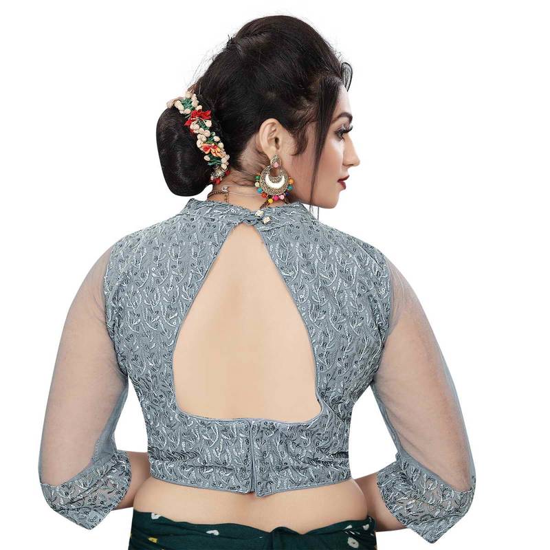 Himalay FashionBand Collar Embriodered Grey Color 3/4 Sleeve Blouse For Saree