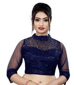 Himalay FashionBand Collar Embriodered Navy Color 3/4 Sleeve Blouse For Saree