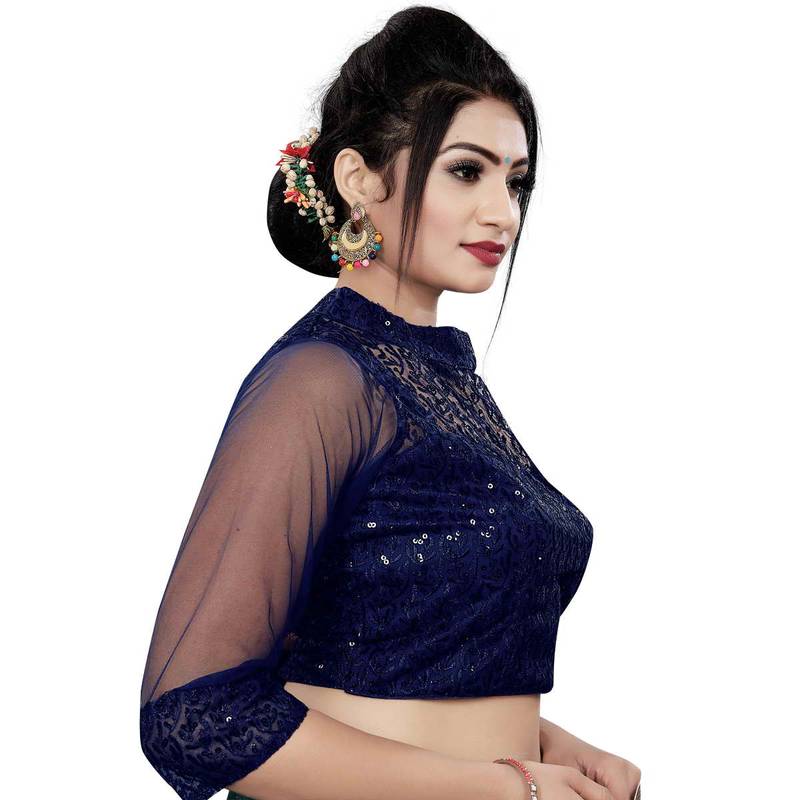 Himalay FashionBand Collar Embriodered Navy Color 3/4 Sleeve Blouse For Saree