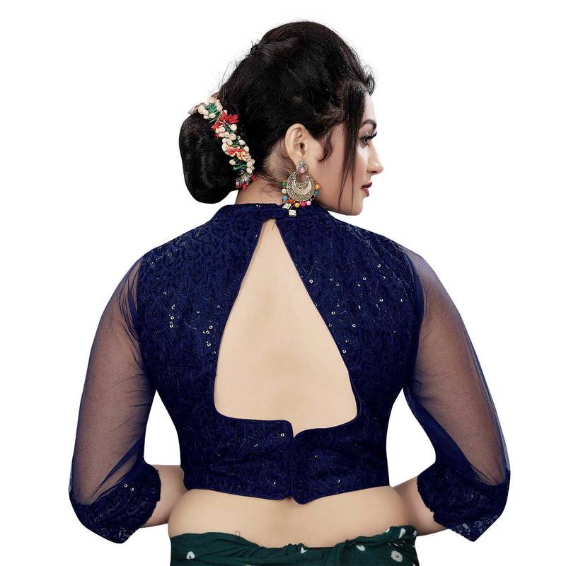 Himalay FashionBand Collar Embriodered Navy Color 3/4 Sleeve Blouse For Saree