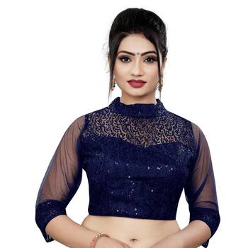 Himalay FashionBand Collar Embriodered Navy Color 3/4 Sleeve Blouse For Saree 1