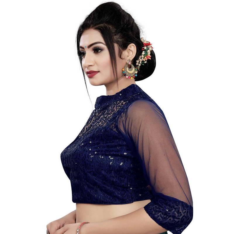 Himalay FashionBand Collar Embriodered Navy Color 3/4 Sleeve Blouse For Saree
