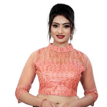 Himalay FashionBand Collar Embriodered Peach Color 3/4 Sleeve Blouse For Saree 1