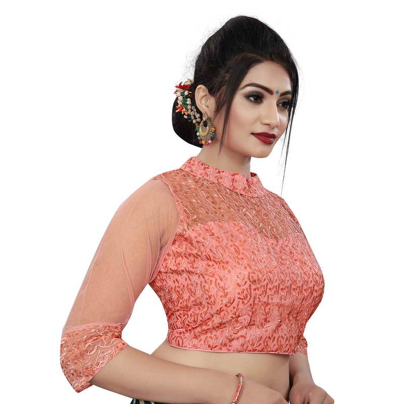 Himalay FashionBand Collar Embriodered Peach Color 3/4 Sleeve Blouse For Saree