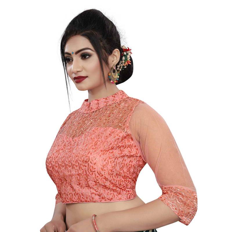 Himalay FashionBand Collar Embriodered Peach Color 3/4 Sleeve Blouse For Saree