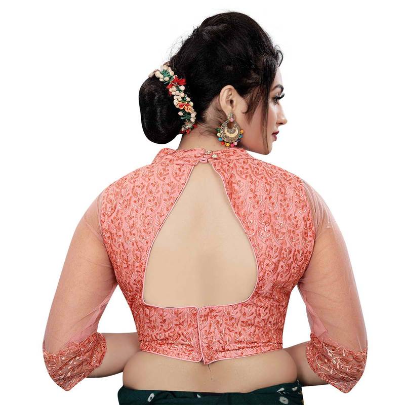 Himalay FashionBand Collar Embriodered Peach Color 3/4 Sleeve Blouse For Saree