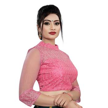 Himalay FashionBand Collar Embriodered Red Color 3/4 Sleeve Blouse For Saree 3