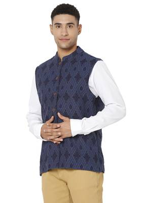 Blue woven cotton nehru-jacket 3
