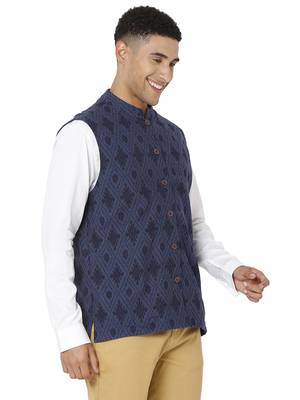 Blue woven cotton nehru-jacket 4
