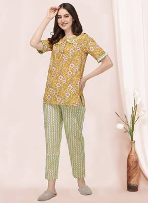 Mango Yellow Handblock Printed Cotton Pajama Suit Set 1