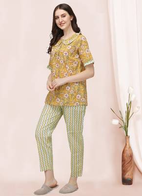 Mango Yellow Handblock Printed Cotton Pajama Suit Set 2