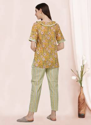 Mango Yellow Handblock Printed Cotton Pajama Suit Set 3