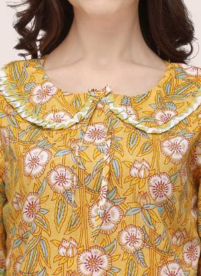 Mango Yellow Handblock Printed Cotton Pajama Suit Set 4