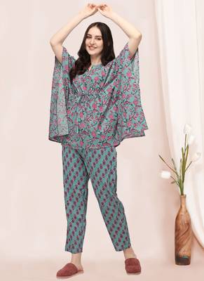 Dusty blue And Pink Floral Printed Kaftan Night Suit Set 1
