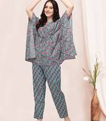 Dusty blue And Pink Floral Printed Kaftan Night Suit Set