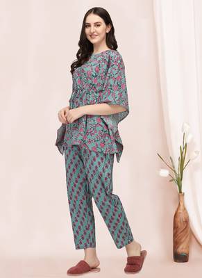 Dusty blue And Pink Floral Printed Kaftan Night Suit Set 2