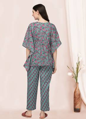 Dusty blue And Pink Floral Printed Kaftan Night Suit Set 3