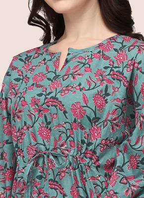 Dusty blue And Pink Floral Printed Kaftan Night Suit Set 4