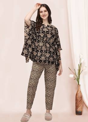 Black And Beige Floral Printed Kaftan Night Suit Set 1