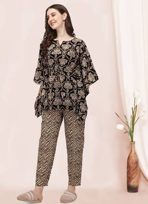 Black And Beige Floral Printed Kaftan Night Suit Set 2