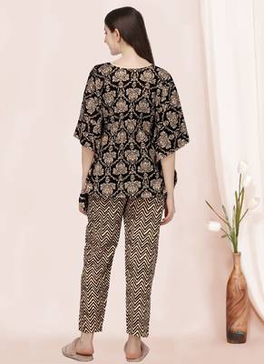 Black And Beige Floral Printed Kaftan Night Suit Set 3