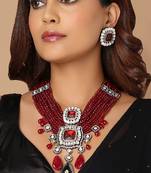 Red Tone Beaded Kundan Polki Necklace Set