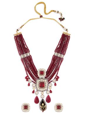 Red Tone Beaded Kundan Polki Necklace Set 3