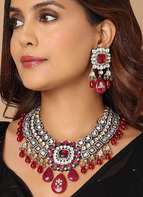 Red Tone Kundan Polki Necklace Set 1