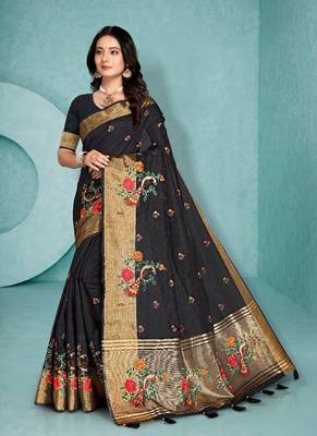 Black Color Embroidered Cotton Silk Stone Work Saree With Unstitched Blouse Piece 1