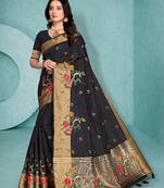 Black Color Embroidered Cotton Silk Stone Work Saree With Unstitched Blouse Piece
