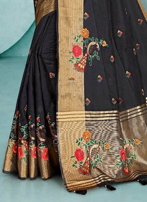 Black Color Embroidered Cotton Silk Stone Work Saree With Unstitched Blouse Piece 2