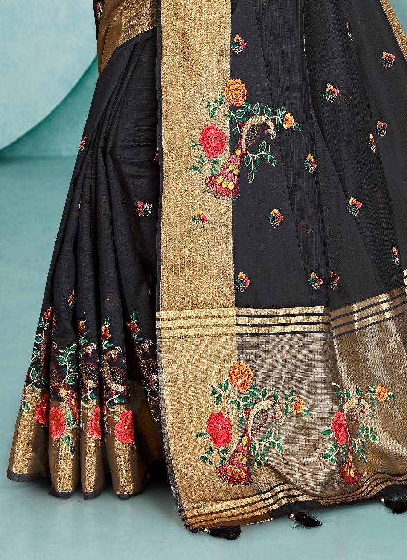 Black Color Embroidered Cotton Silk Stone Work Saree With Unstitched Blouse Piece