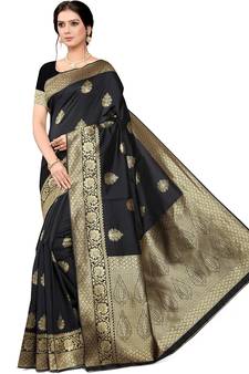 Black Woven Silk Blend Saree With Blouse