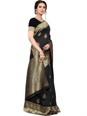 Black Woven Silk Blend Saree With Blouse 3