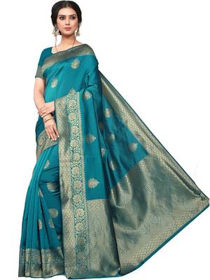 Teal Woven Silk Blend Saree With Blouse 1