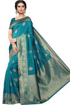 Teal Woven Silk Blend Saree With Blouse