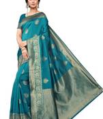 Teal Woven Silk Blend Saree With Blouse