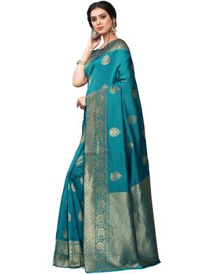 Teal Woven Silk Blend Saree With Blouse 2