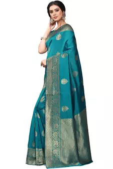 Teal Woven Silk Blend Saree With Blouse