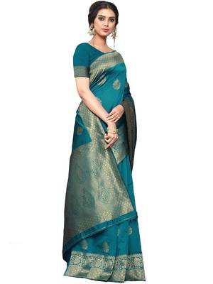 Teal Woven Silk Blend Saree With Blouse 3