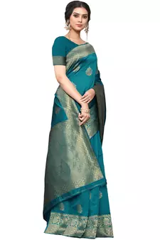 Teal Woven Silk Blend Saree With Blouse