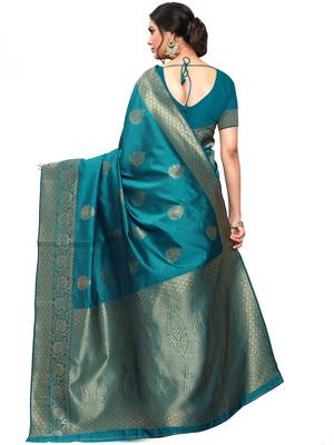 Teal Woven Silk Blend Saree With Blouse 4