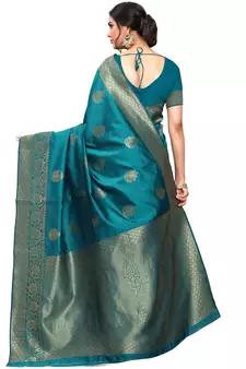 Teal Woven Silk Blend Saree With Blouse